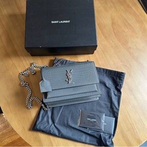 Medium Sunset Croc-Embossed Leather Shoulder Bag. Color, Grey